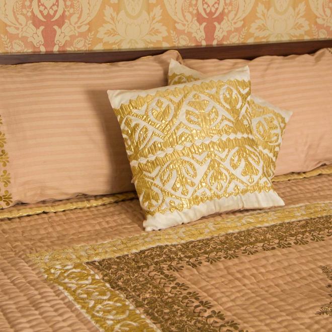 Coffee Bridal Quilt with gold rilli and block print