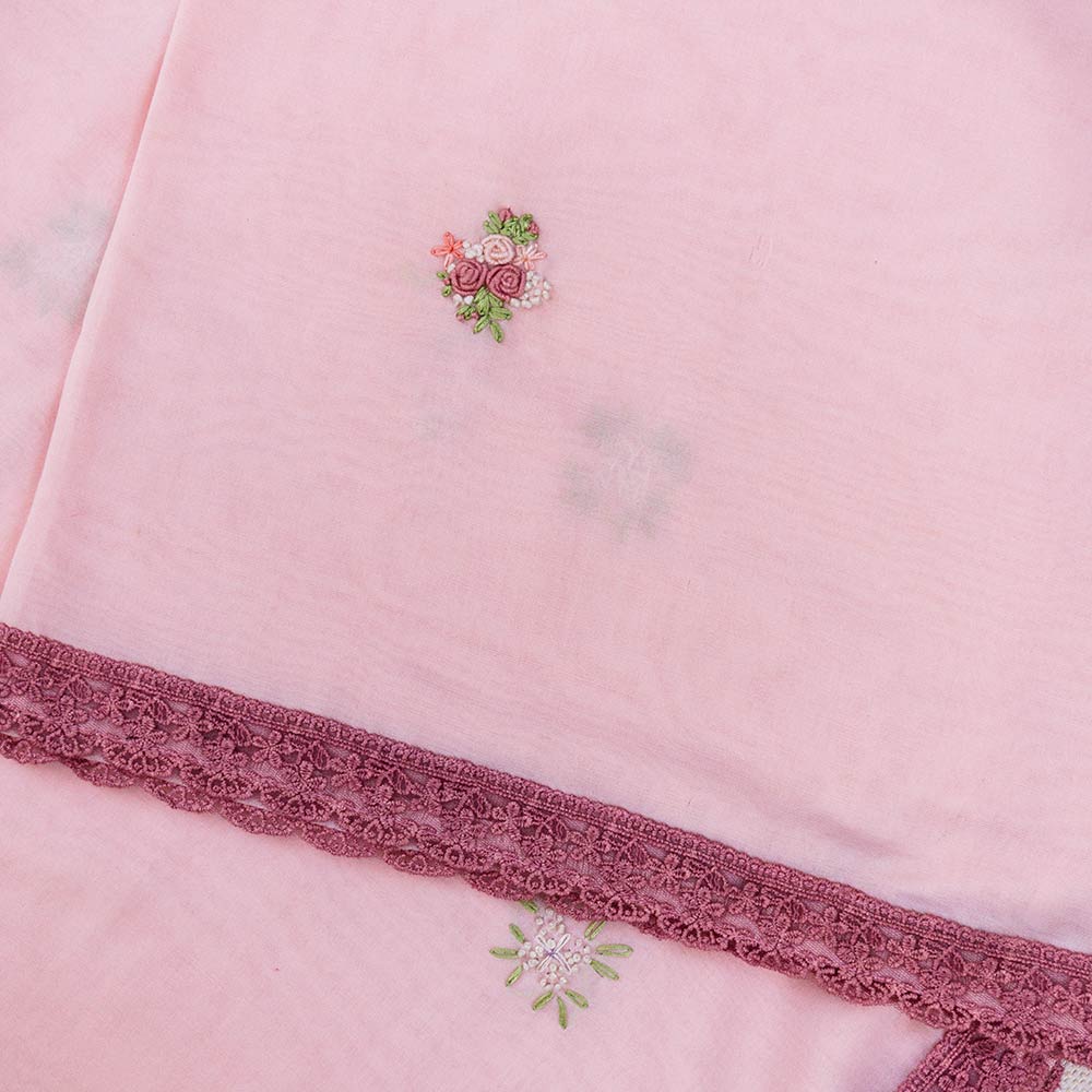Pink with hand embroidered roses on Swiss Voile