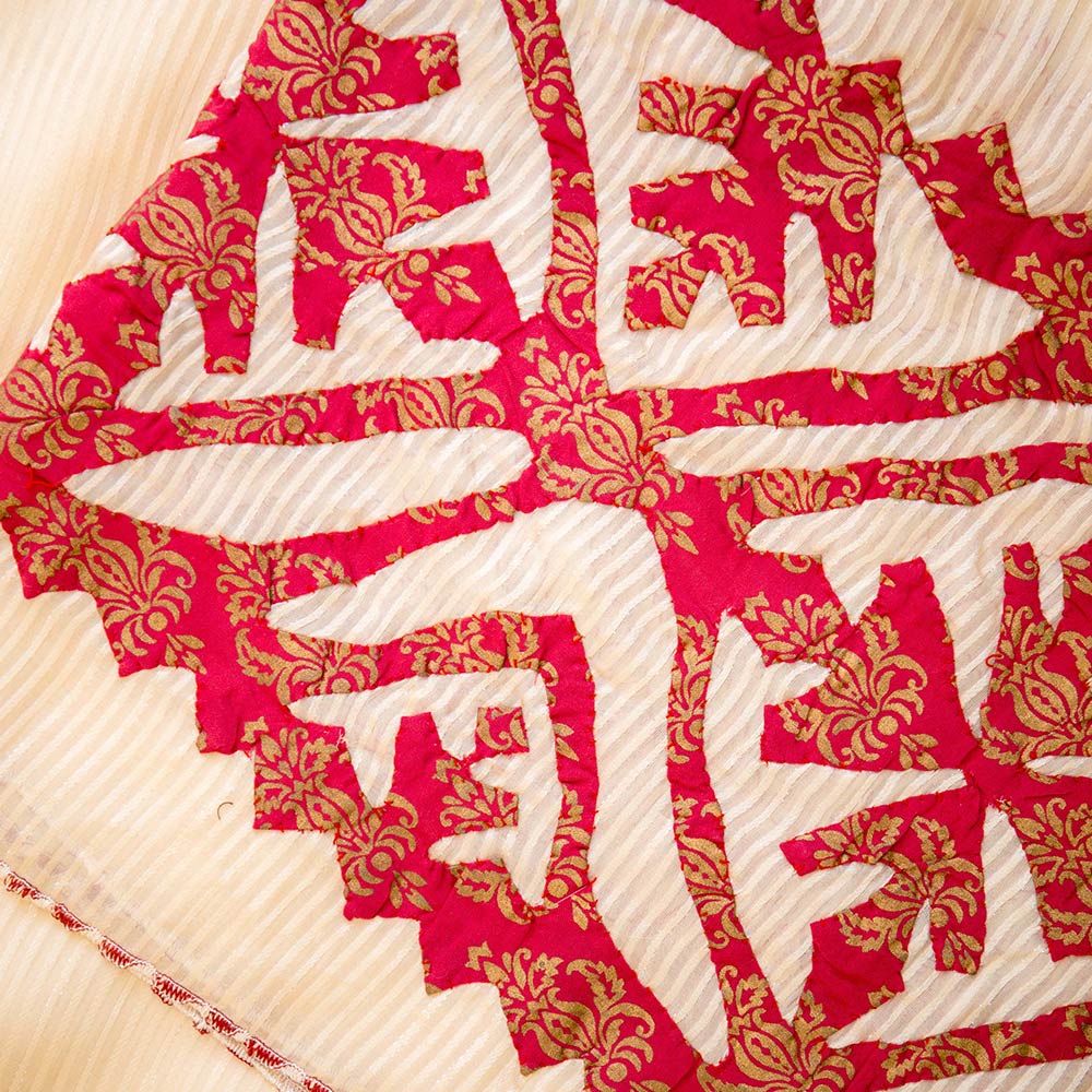 Cream silk scarf with maroon screen print rilli