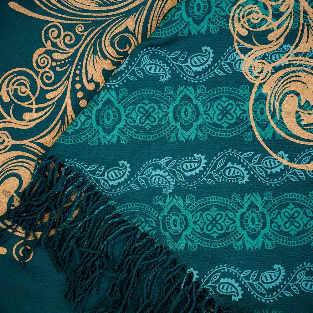 Dark green with teal and beige block printed shawl