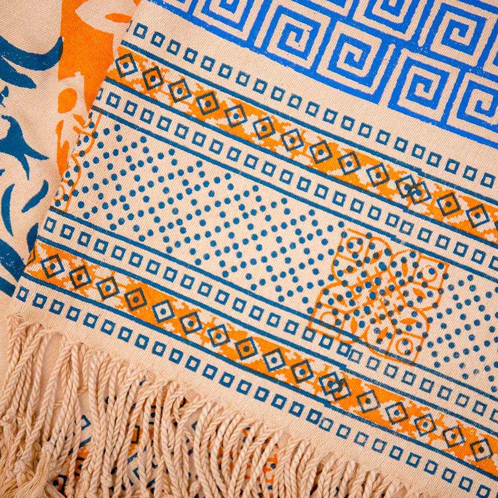 Beige with orange and blue block print