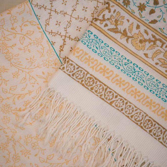 Cream beige and mint block printed shawl