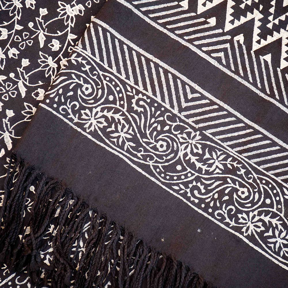 Black and white block-printed shawl